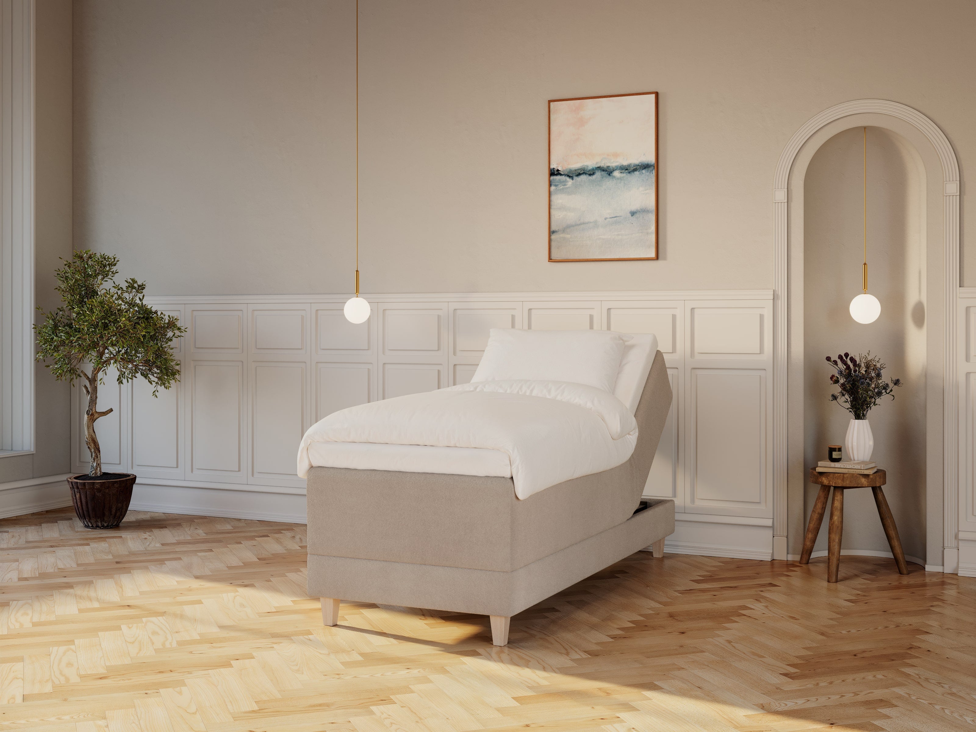 Aura Älv 90x210 Bouclé latte Nordic Dream tilbyr senger med skandinavisk design og materialer av høy kvalitet. Opplev perfekt komfort for en god natts søvn. Bestill din i dag!