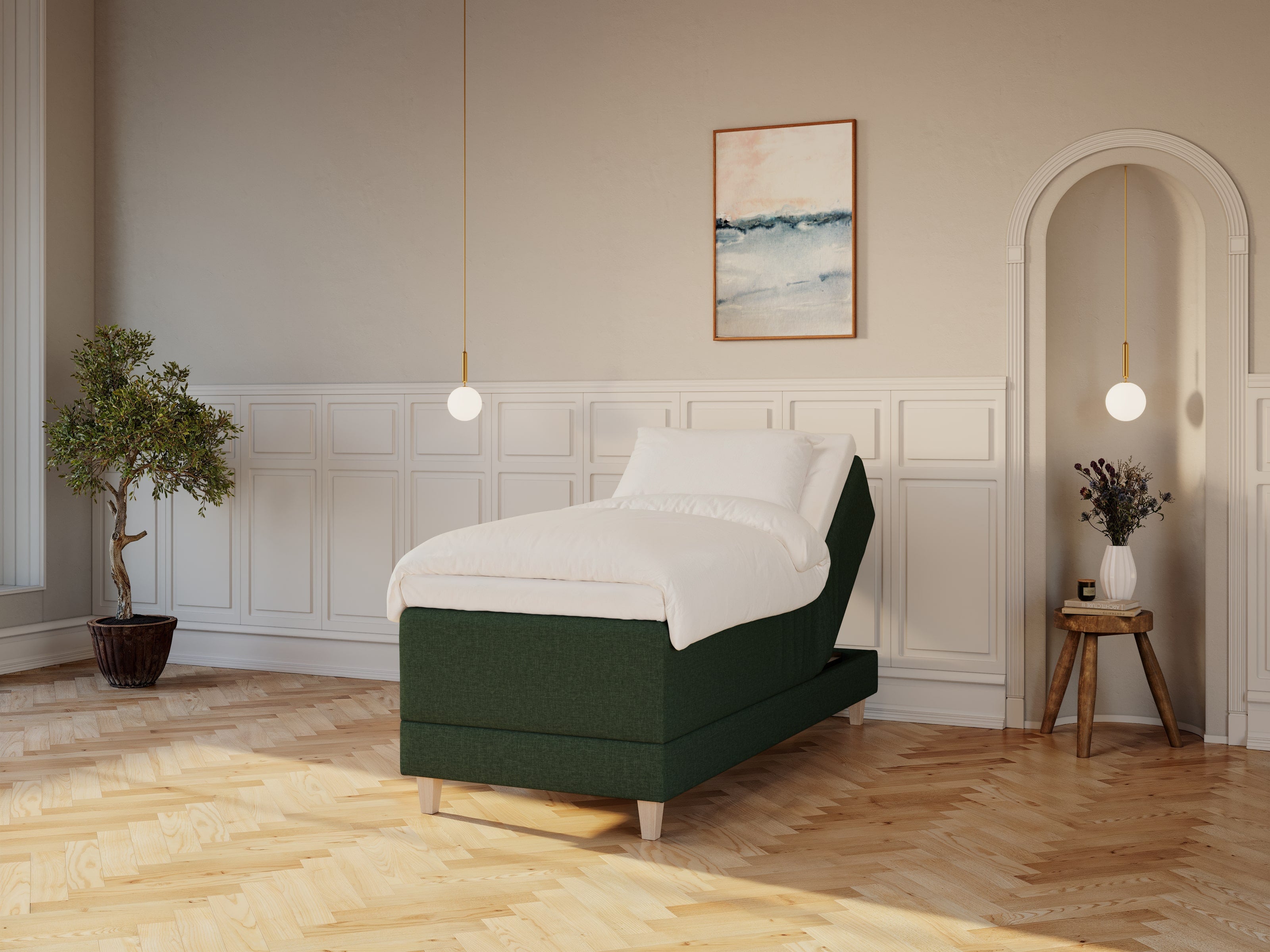 Aura Älv 90x210 Mørkegrøn Nordic Dream tilbyr senger med skandinavisk design og materialer av høy kvalitet. Opplev perfekt komfort for en god natts søvn. Bestill din i dag!