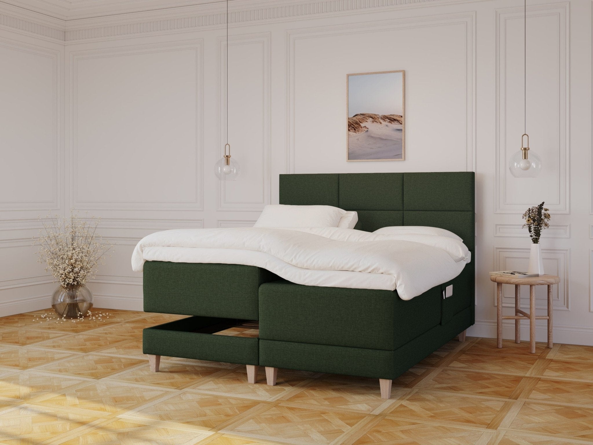 Aura Älv 160x200 Mørkegrøn Nordic Dream tilbyr senger med skandinavisk design og materialer av høy kvalitet. Opplev perfekt komfort for en god natts søvn. Bestill din i dag!