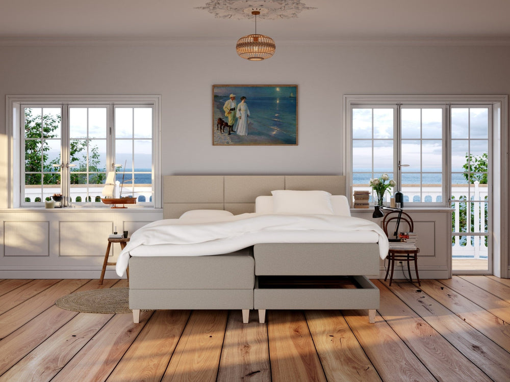 Aura Älv 210x210 Sand Nordic Dream tilbyr senger med skandinavisk design og materialer av høy kvalitet. Opplev perfekt komfort for en god natts søvn. Bestill din i dag!