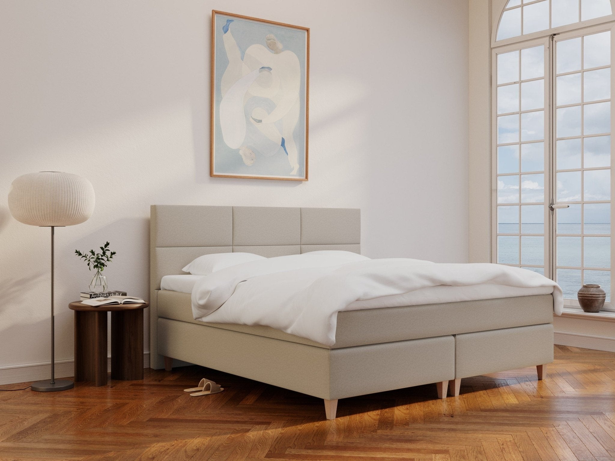 Snefrid Älv 210x210 Sand Nordic Dream tilbyr senger med skandinavisk design og materialer av høy kvalitet. Opplev perfekt komfort for en god natts søvn. Bestill din i dag!