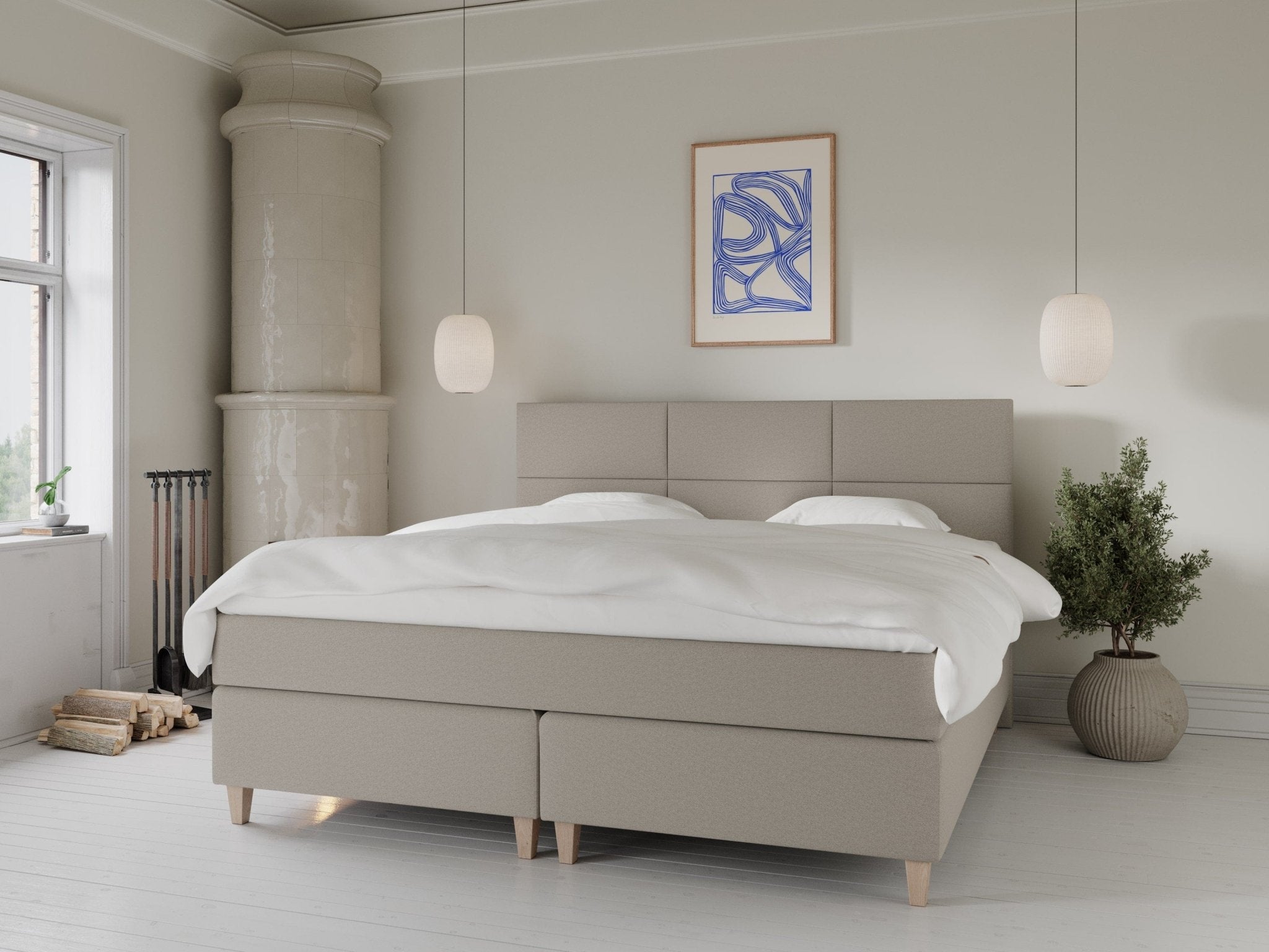 Snefrid Fjord 220x220 Sand Nordic Dream tilbyr senger med skandinavisk design og materialer av høy kvalitet. Opplev perfekt komfort for en god natts søvn. Bestill din i dag!