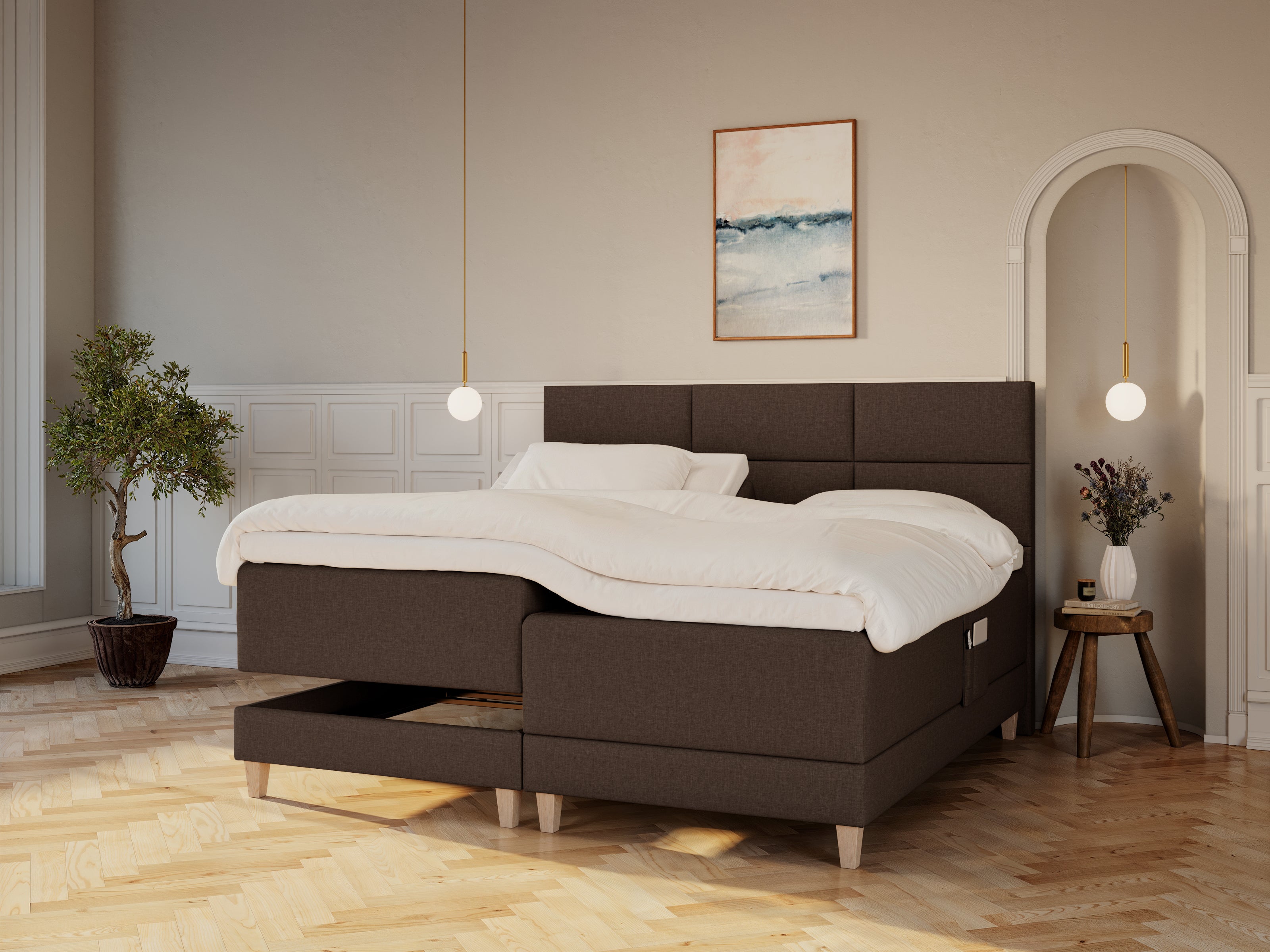 Aura Nordlys 210x210 Mørk brun Nordic Dream tilbyr senger med skandinavisk design og materialer av høy kvalitet. Opplev perfekt komfort for en god natts søvn. Bestill din i dag!