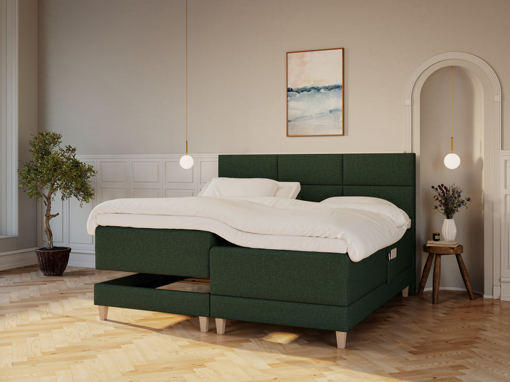 Aura Nordlys 210x210 Mørkegrøn Nordic Dream tilbyr senger med skandinavisk design og materialer av høy kvalitet. Opplev perfekt komfort for en god natts søvn. Bestill din i dag!