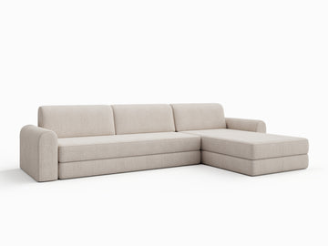Beige Astra sovesofa 200x200 cm i lyst tekstil, modulær L-form med runde armer og flate ryggputer