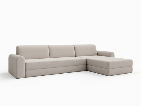 Beige bouclé sovesofa 200x200 cm i L-form med runde armlener og tre delte ryggputer.