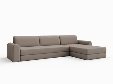 Brun Astra sovesofa 200x200 cm i tekstil, modulær L-form med avrundede armlener og lave ryggputer.