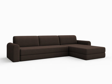 Brun Astra sovesofa 200x200 cm i stoff, L-form med rette ryggputer og avrundede armlener.