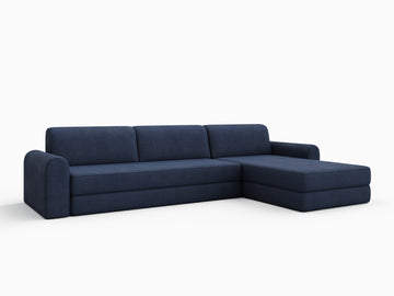 Mørkeblå Astra sovesofa 200x200 cm i tekstil, L-formet modul med avrundede armlener og lav rygg.