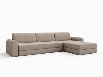 Lattefarget sovesofa Astra 200x200 cm i mykt tekstil, L-formet med rundede armer og polstrede ryggputer