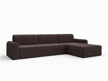 Mørk brun chocco fløyel sovesofa 200x200 cm i L-form med runde armlener og ribbet tekstur.