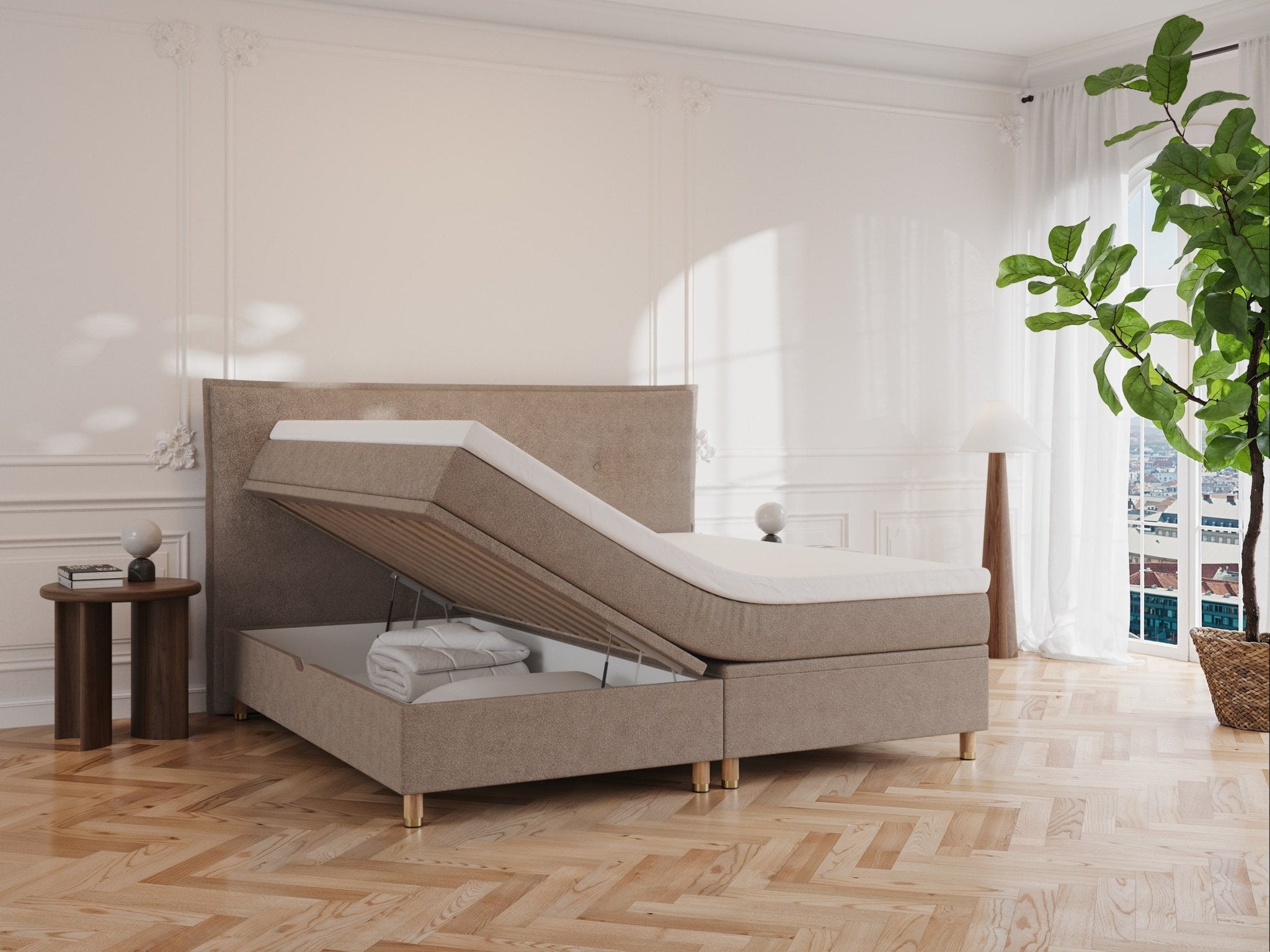 Alva Älv 220x220 Bouclé latte Nordic Dream tilbyr senger med skandinavisk design og materialer av høy kvalitet. Opplev perfekt komfort for en god natts søvn. Bestill din i dag!