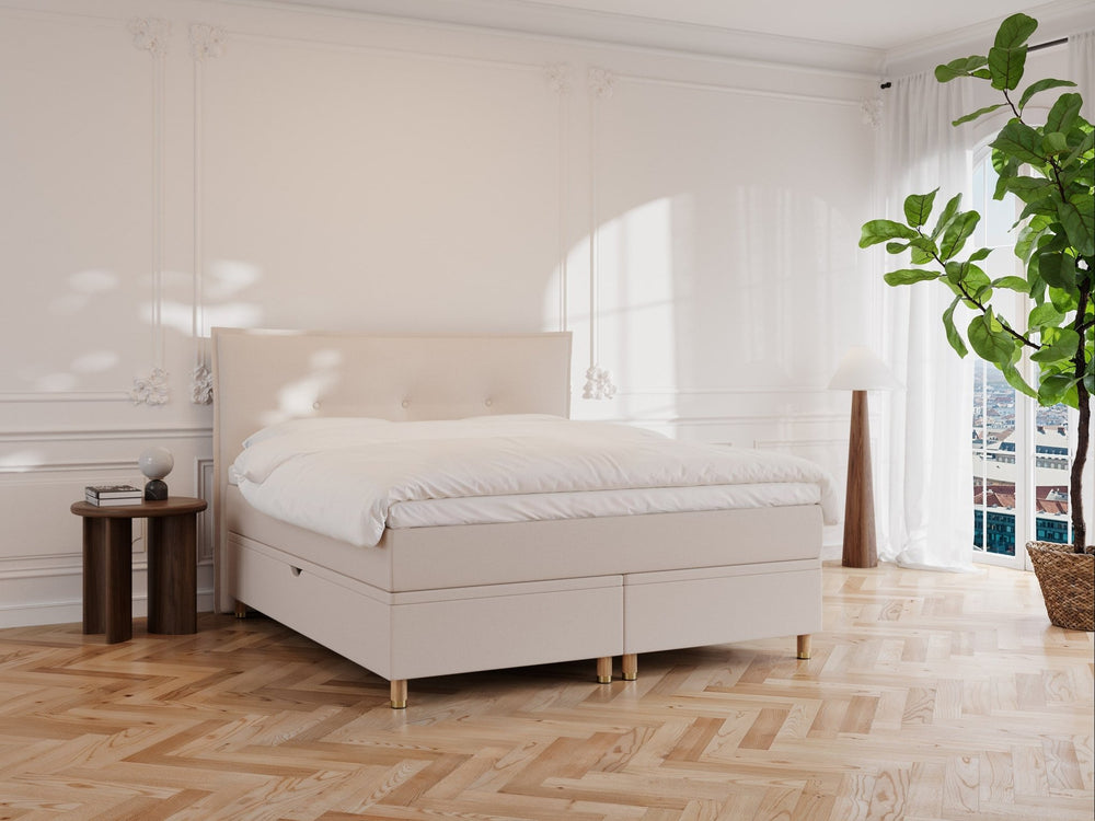 Alva Fjord 160x210 Sand Nordic Dream tilbyr senger med skandinavisk design og materialer av høy kvalitet. Opplev perfekt komfort for en god natts søvn. Bestill din i dag!