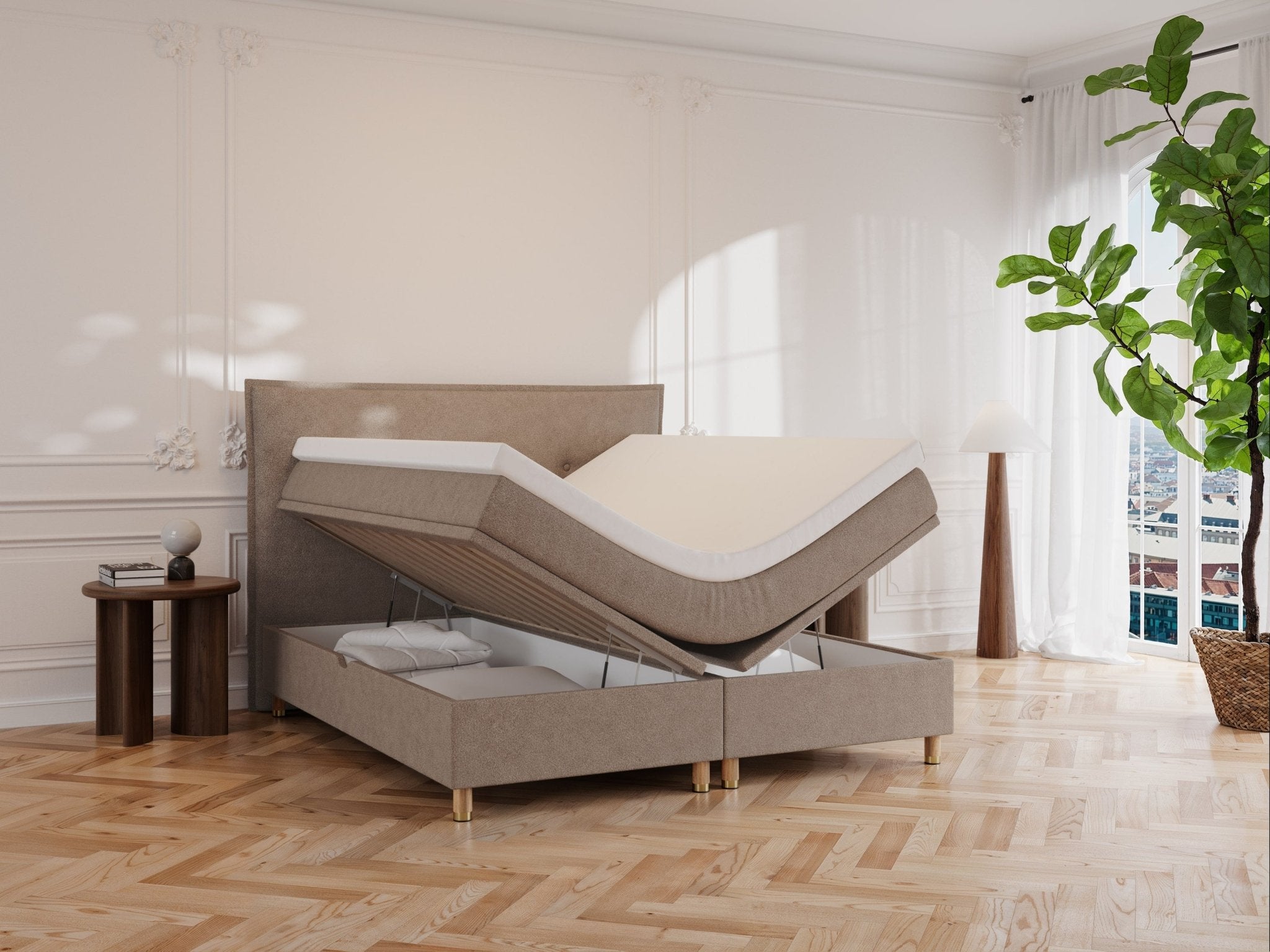 Alva Fjord 180x200 Bouclé latte Nordic Dream tilbyr senger med skandinavisk design og materialer av høy kvalitet. Opplev perfekt komfort for en god natts søvn. Bestill din i dag!