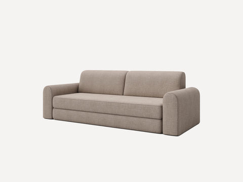 Beige toseters sofa i tekstil med avrundede armlener og delt rygg, minimalistisk komposisjon