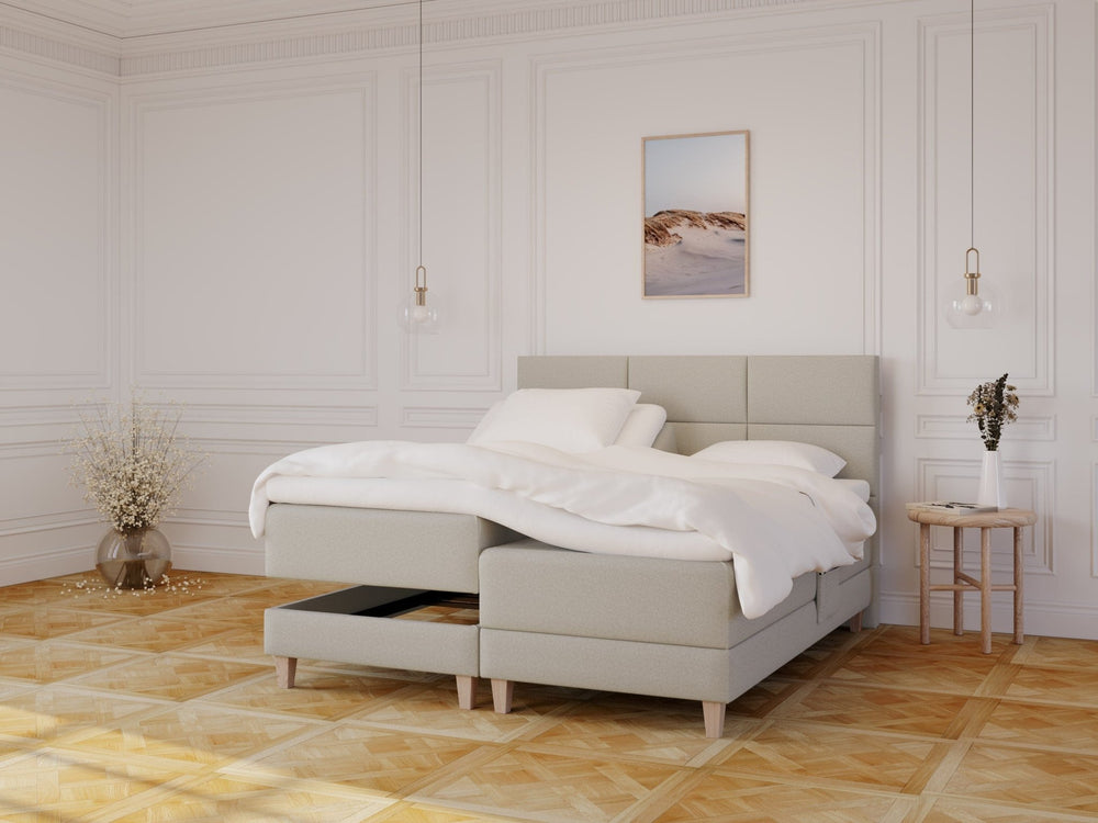 Aura Fjord 160x200 Sand Nordic Dream tilbyr senger med skandinavisk design og materialer av høy kvalitet. Opplev perfekt komfort for en god natts søvn. Bestill din i dag!