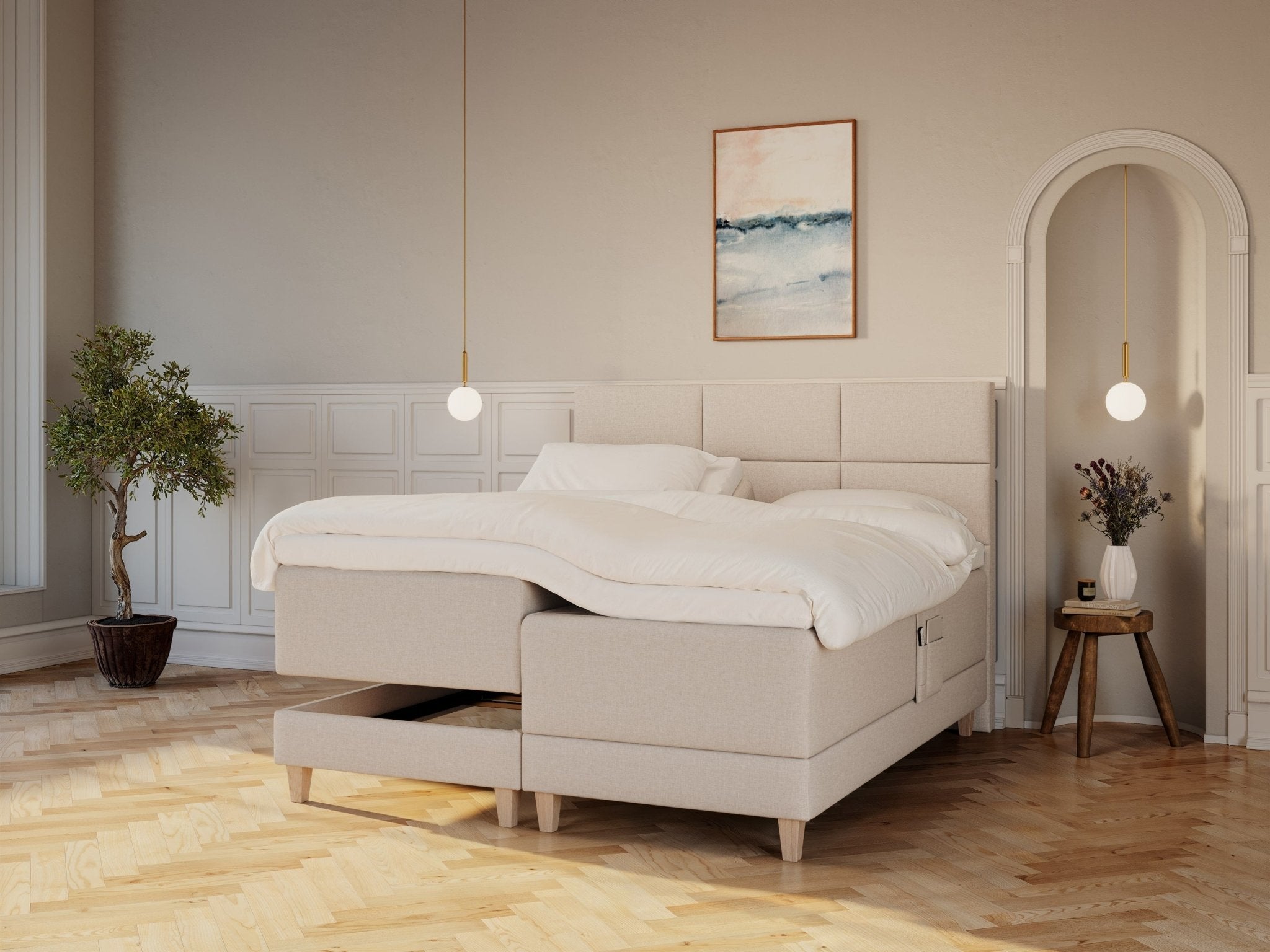 Aura Nordlys 180x200 Sand Nordic Dream tilbyr senger med skandinavisk design og materialer av høy kvalitet. Opplev perfekt komfort for en god natts søvn. Bestill din i dag!