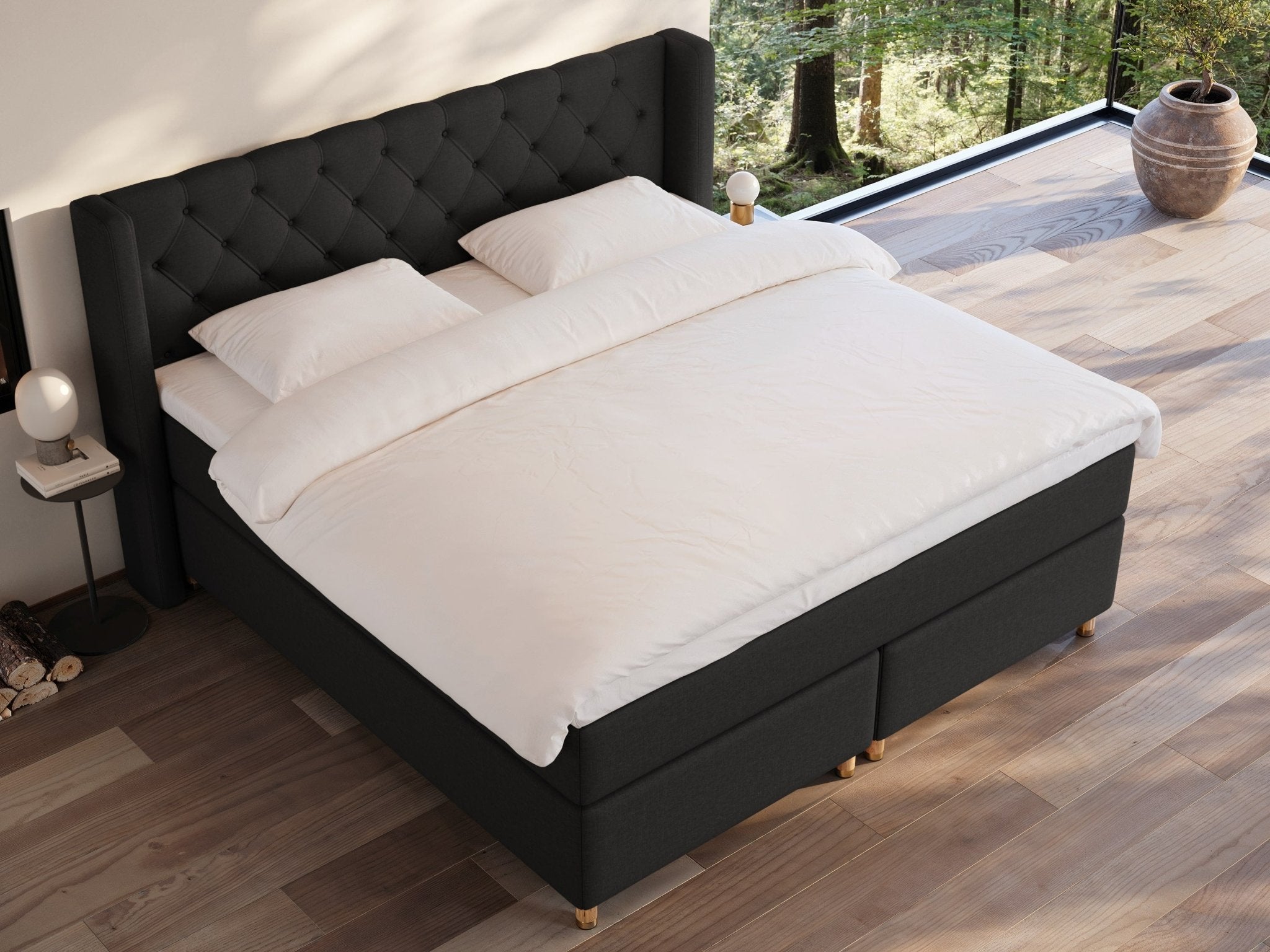 Eira Fjord 200x200 Antrasitt Nordic Dream tilbyr senger med skandinavisk design og materialer av høy kvalitet. Opplev perfekt komfort for en god natts søvn. Bestill din i dag!