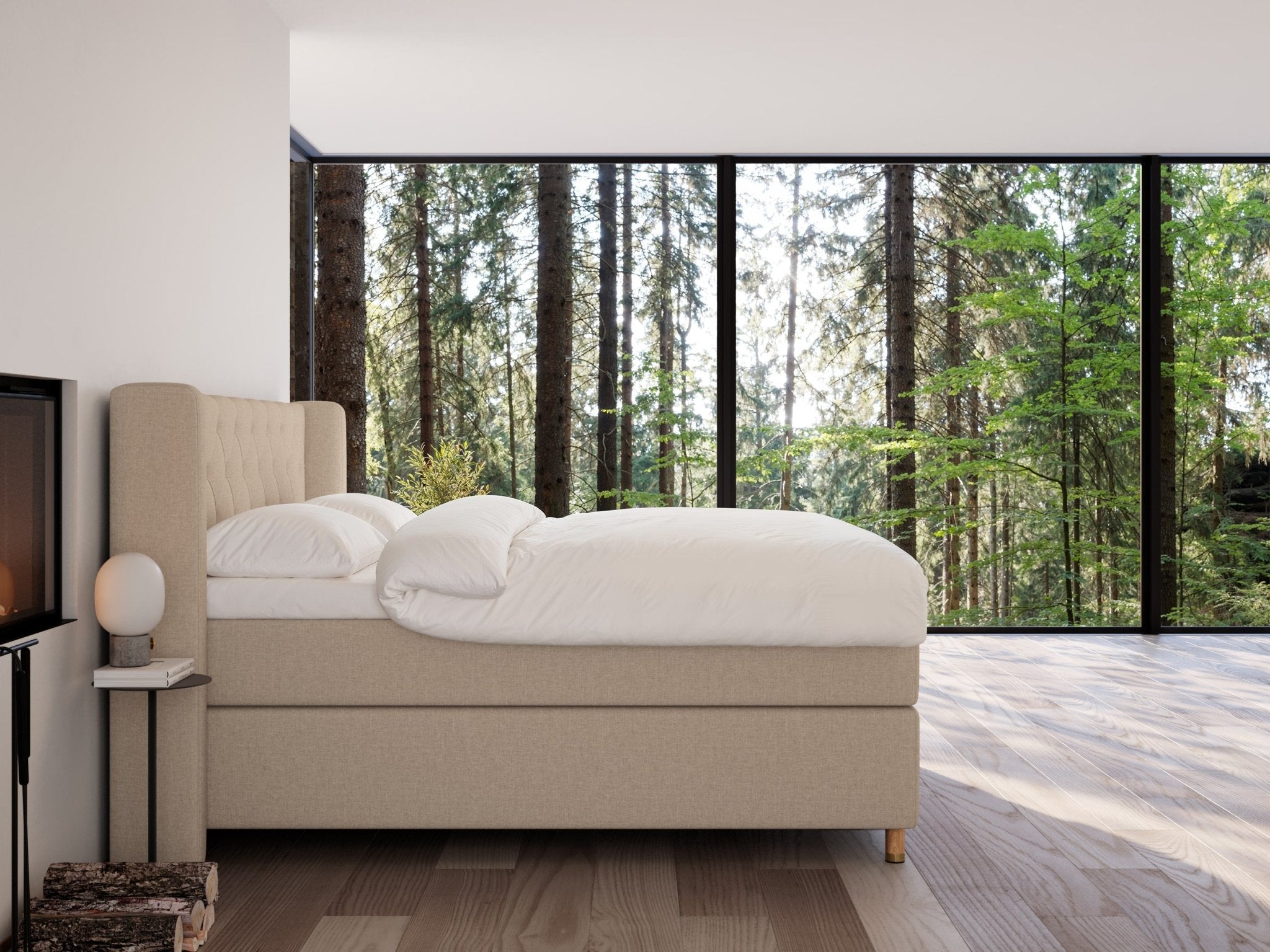 Eira Fjord 200x200 Sand Nordic Dream tilbyr senger med skandinavisk design og materialer av høy kvalitet. Opplev perfekt komfort for en god natts søvn. Bestill din i dag!