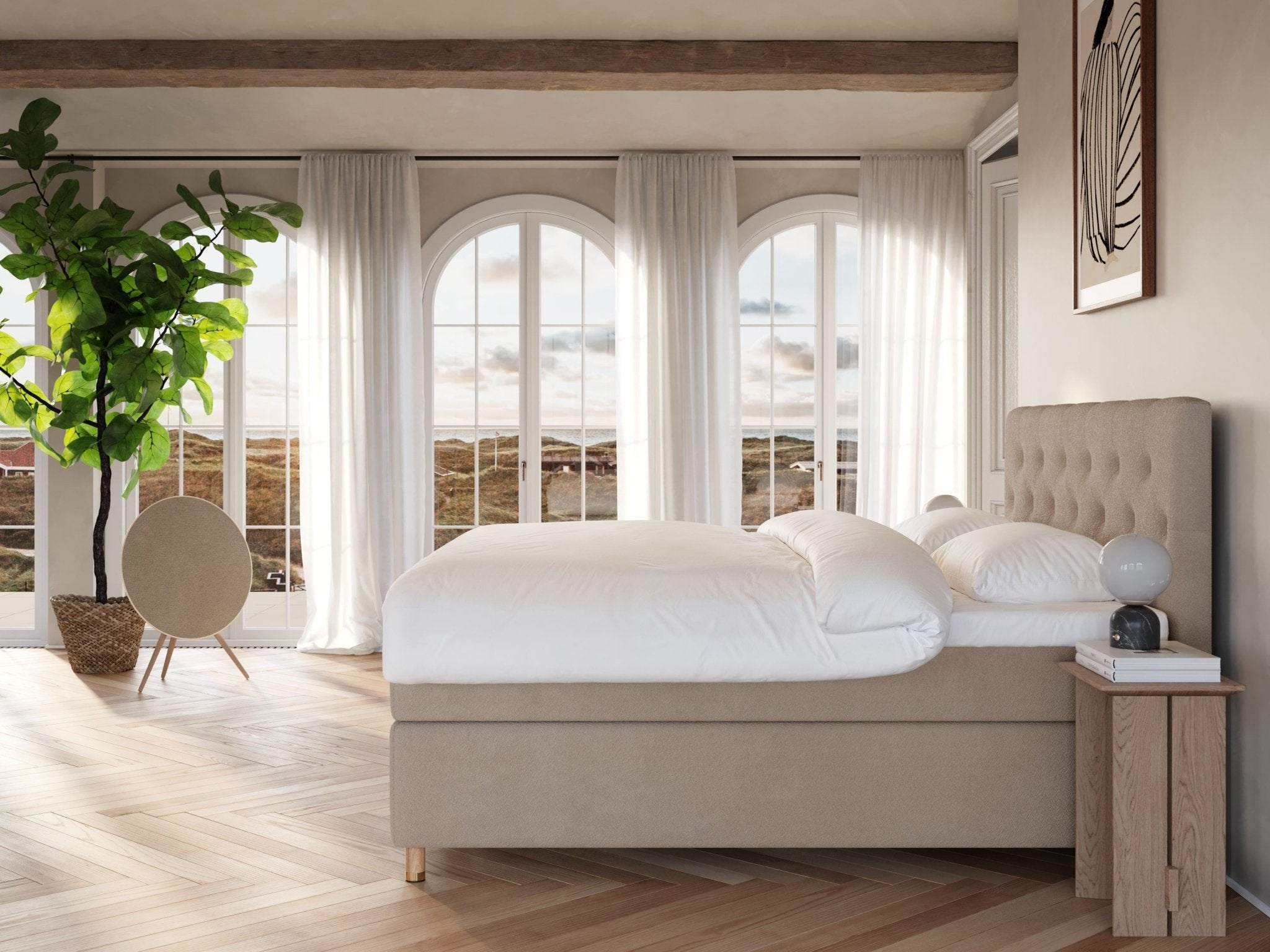 Nora Nordlys 200x200 Bouclé latte Nordic Dream tilbyr senger med skandinavisk design og materialer av høy kvalitet. Opplev perfekt komfort for en god natts søvn. Bestill din i dag!